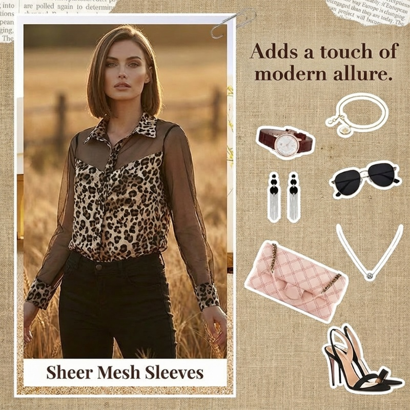 👚49% OFF NOW! 🐆 Women's Leopard Print Shirt with Contrast Mesh – Long Sleeve, Flattering Fit & Versatile for Office-to-Evening ✨