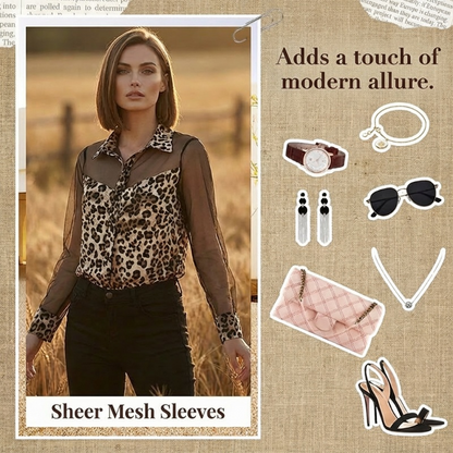👚49% OFF NOW! 🐆 Women's Leopard Print Shirt with Contrast Mesh – Long Sleeve, Flattering Fit & Versatile for Office-to-Evening ✨