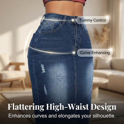 Women's High-Waist Frayed Hem Denim Skirt