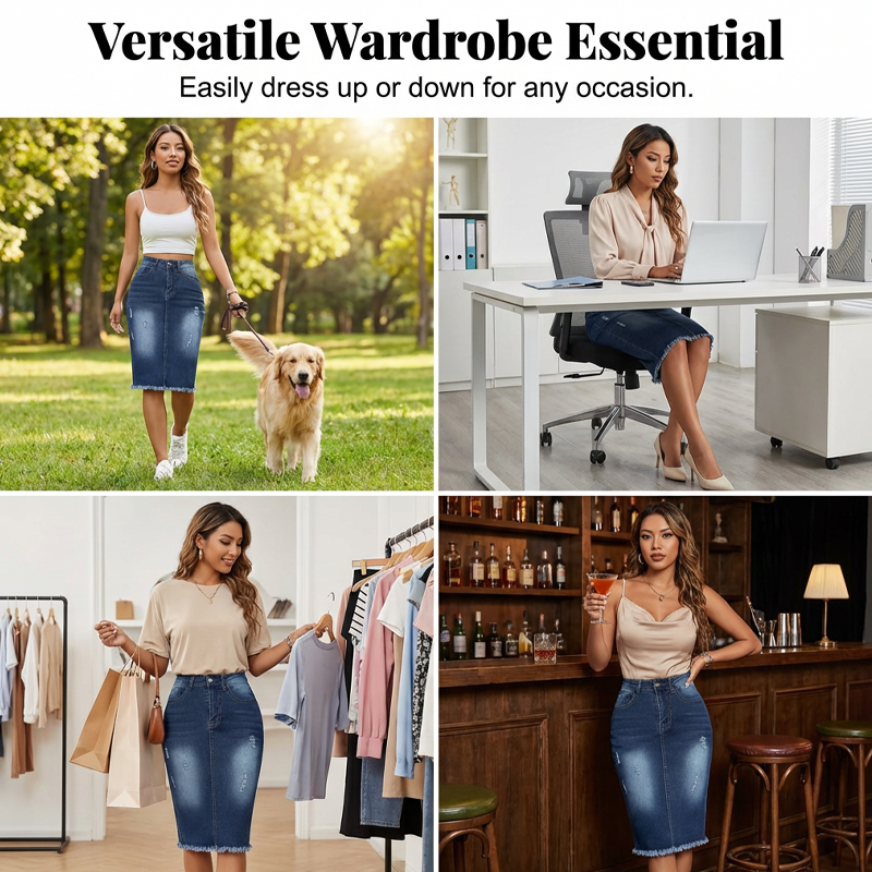 Women's High-Waist Frayed Hem Denim Skirt