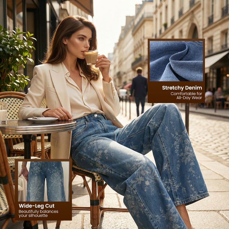 Women's Floral Jacquard Wide-Leg Denim Pants