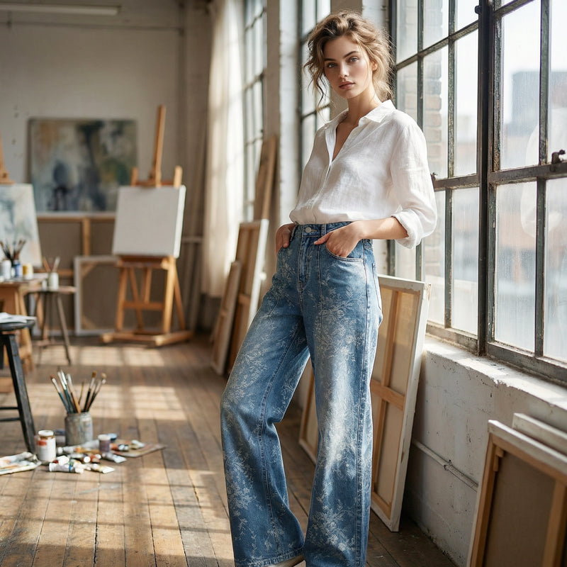 Women's Floral Jacquard Wide-Leg Denim Pants