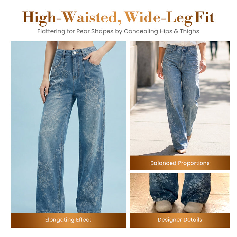 Women's Floral Jacquard Wide-Leg Denim Pants