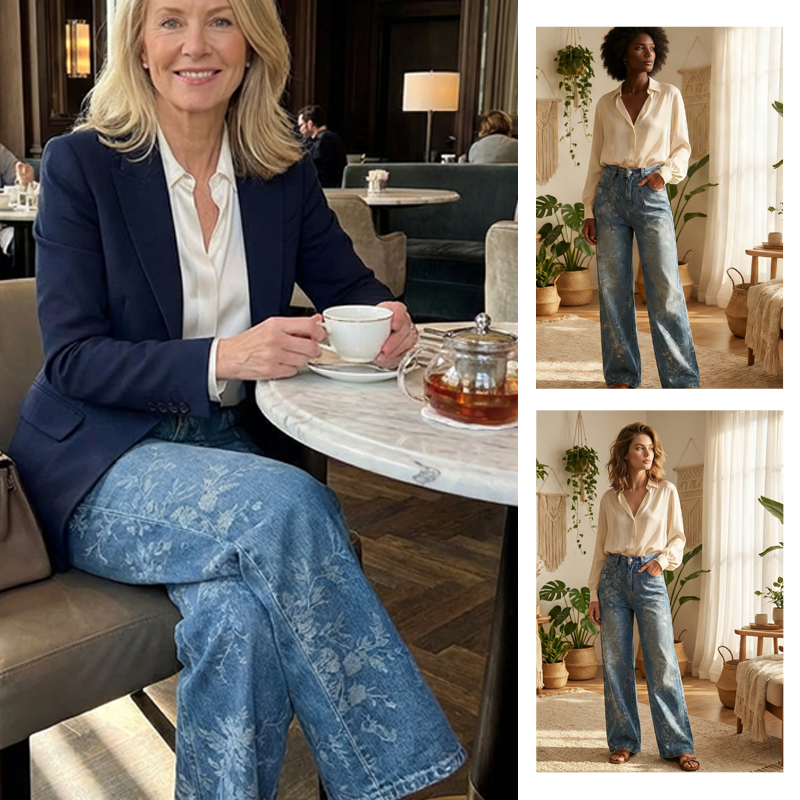 Women's Floral Jacquard Wide-Leg Denim Pants