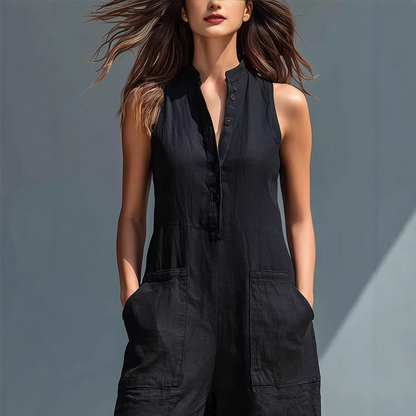 Sleeveless Button-Up Wide-Leg Jumpsuit