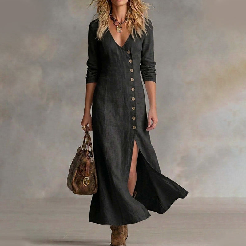 🔥Limited-time offer - Women's Long Sleeve V-Neck Button-Down Maxi Dress