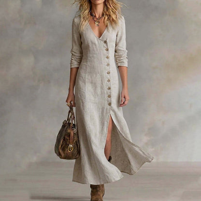 🔥Limited-time offer - Women's Long Sleeve V-Neck Button-Down Maxi Dress