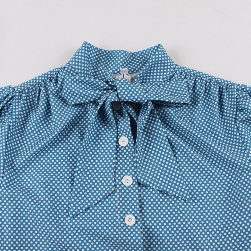 Women's Polka Dot Swing Dress with Neck Bow