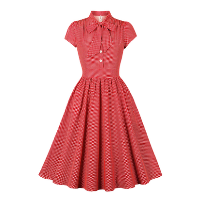 Women's Polka Dot Swing Dress with Neck Bow