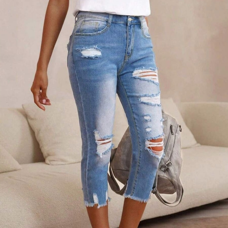 💥 Fashion Women's Ripped Washed Jeans with Raw Hem Detail