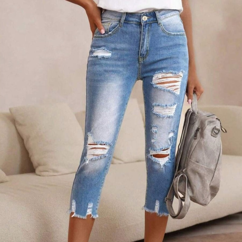 💥 Fashion Women's Ripped Washed Jeans with Raw Hem Detail