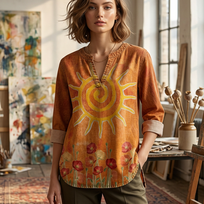 Women's Bohemian Sun & Floral Print V-Neck Blouse