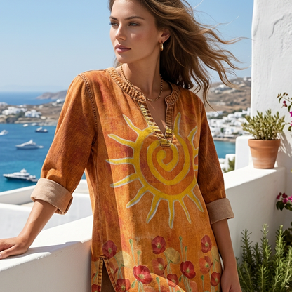 Women's Bohemian Sun & Floral Print V-Neck Blouse