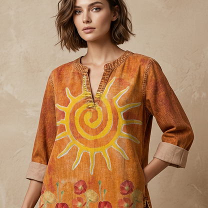 Women's Bohemian Sun & Floral Print V-Neck Blouse