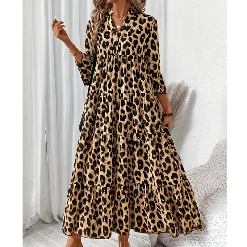 Women's V Neck Casual Loose Ruffle Maxi Dress