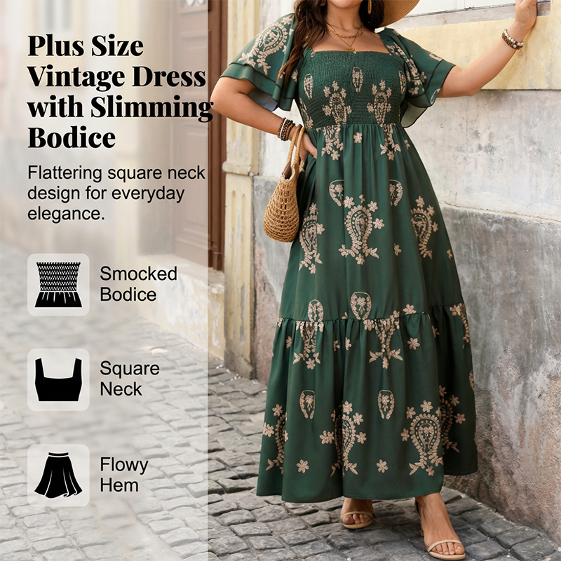Women's Square Neck Smocked Flowy Dress