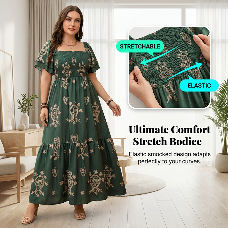 Women's Square Neck Smocked Flowy Dress