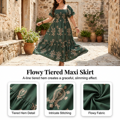 Women's Square Neck Smocked Flowy Dress