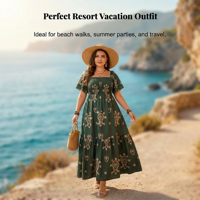 Women's Square Neck Smocked Flowy Dress