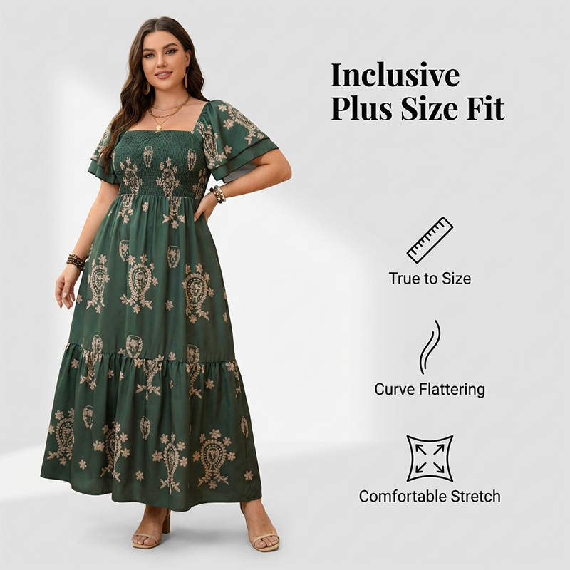 Women's Square Neck Smocked Flowy Dress
