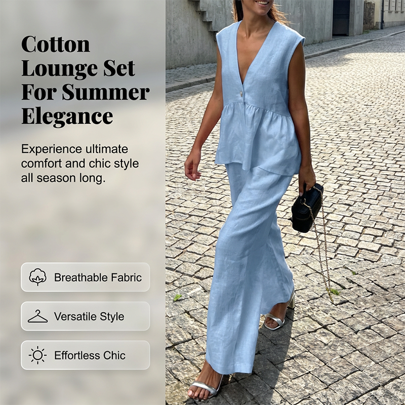 Women’s V-Neck Peplum Vest & Wide Leg Pants Set