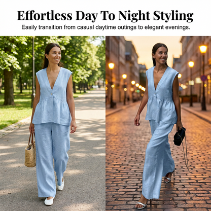Women’s V-Neck Peplum Vest & Wide Leg Pants Set
