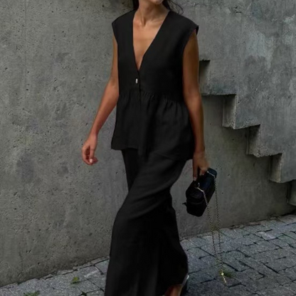 Women’s V-Neck Peplum Vest & Wide Leg Pants Set