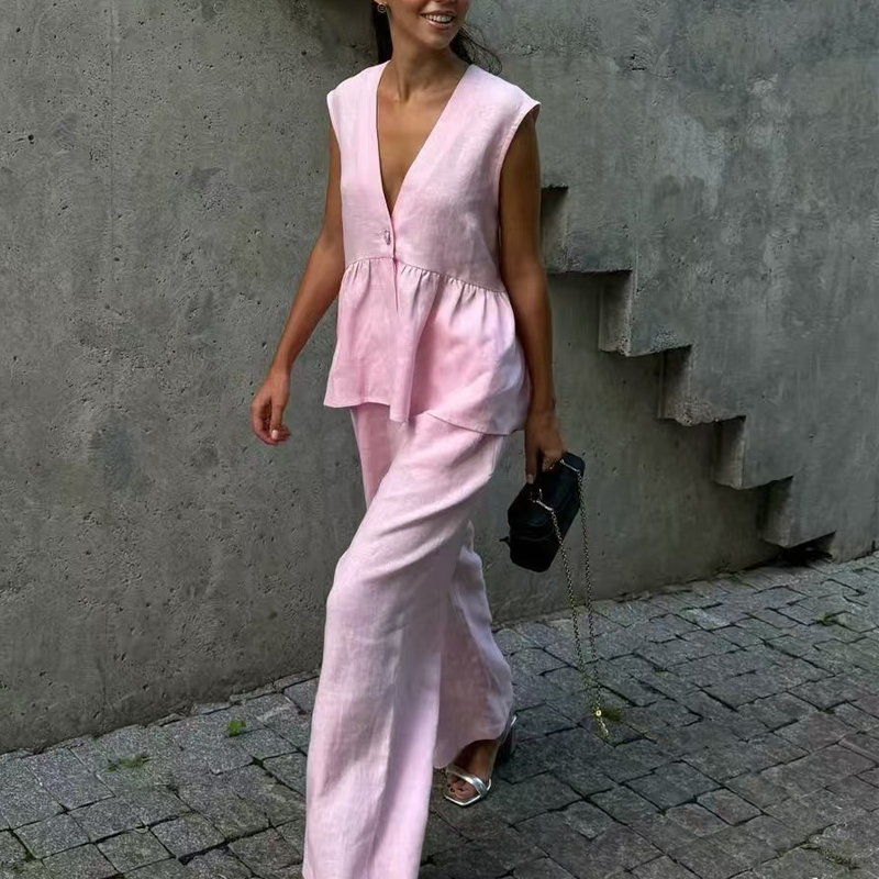 Women’s V-Neck Peplum Vest & Wide Leg Pants Set