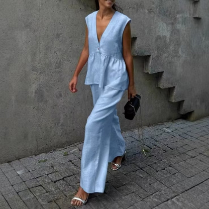 Women’s V-Neck Peplum Vest & Wide Leg Pants Set