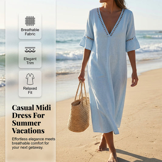 Women's V-Neck Eyelet Trim Casual Midi Dress