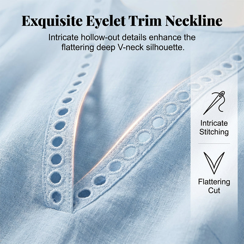 Women's V-Neck Eyelet Trim Casual Midi Dress