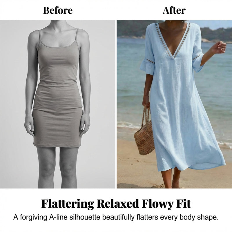 Women's V-Neck Eyelet Trim Casual Midi Dress