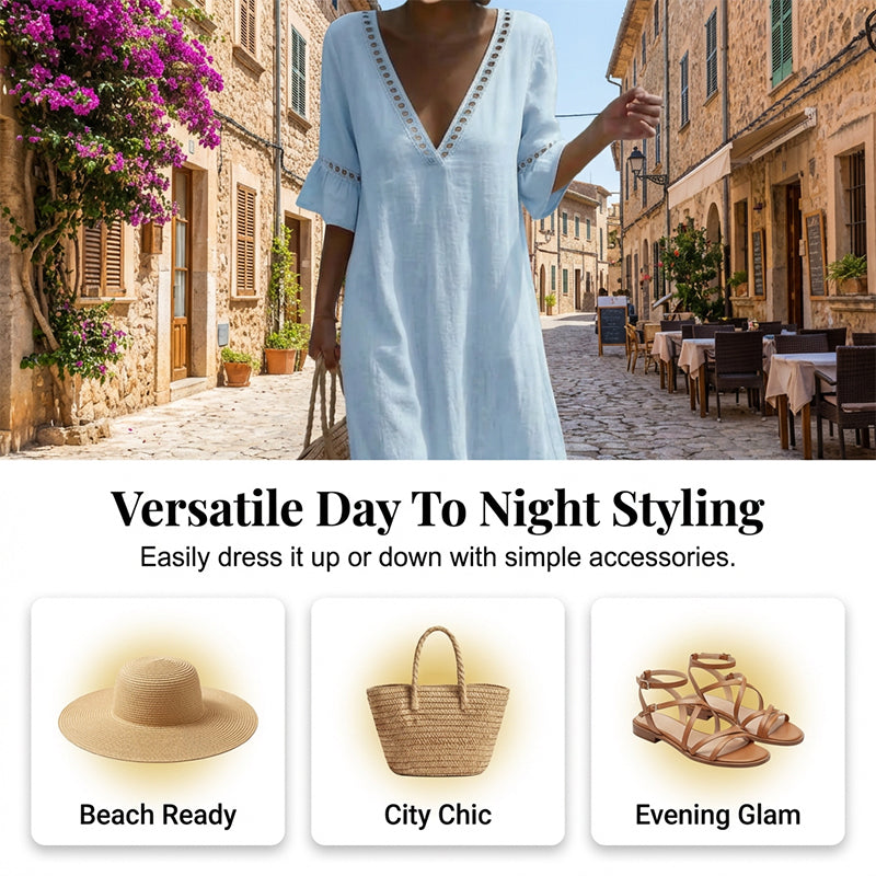 Women's V-Neck Eyelet Trim Casual Midi Dress