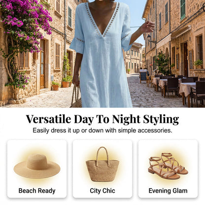 Women's V-Neck Eyelet Trim Casual Midi Dress