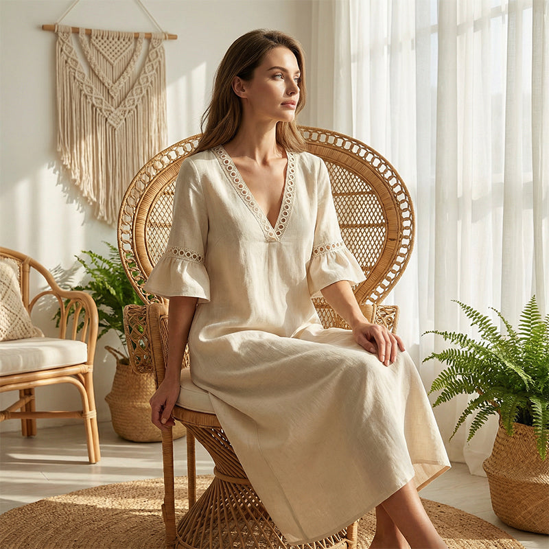 Women's V-Neck Eyelet Trim Casual Midi Dress