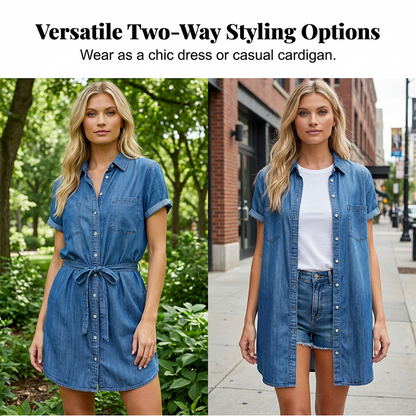 Women's Casual Denim Shirt Dress with Drawstring Waist