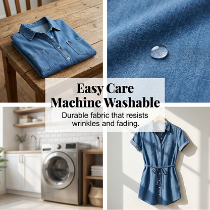 Women's Casual Denim Shirt Dress with Drawstring Waist