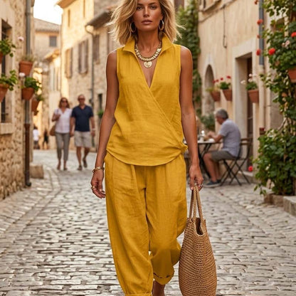 Sleeveless Wrap Top & Wide-Leg Pants Set