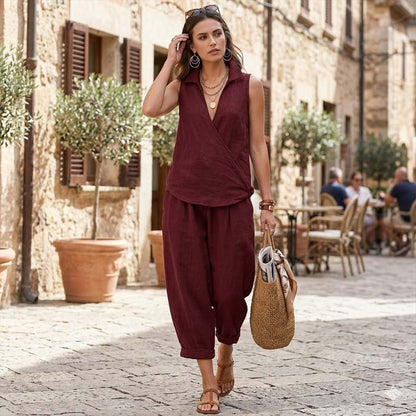 Sleeveless Wrap Top & Wide-Leg Pants Set