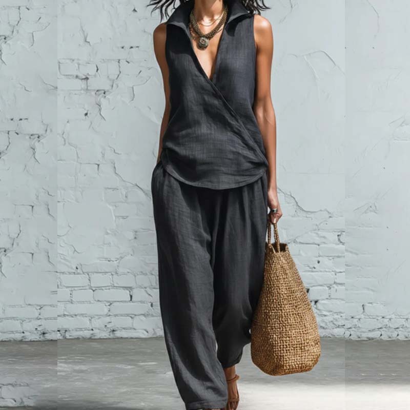 Sleeveless Wrap Top & Wide-Leg Pants Set