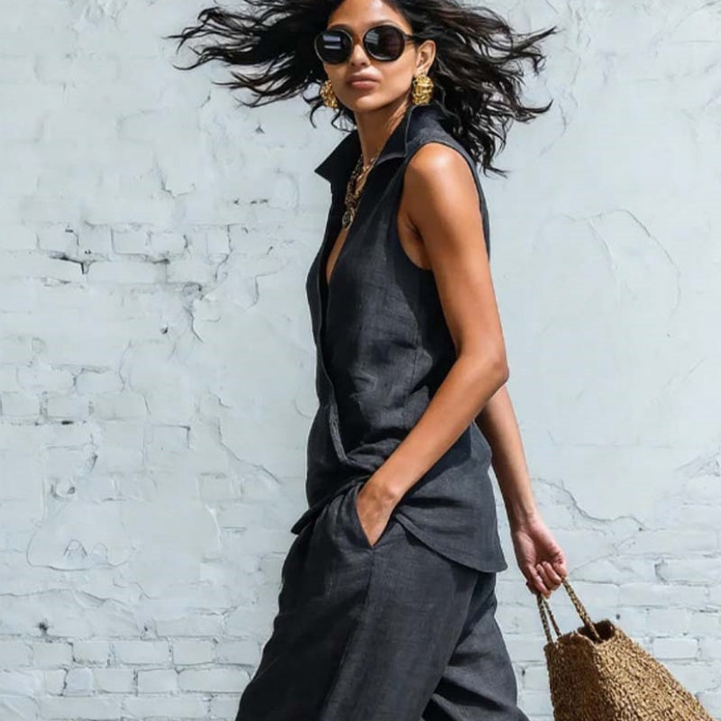 Sleeveless Wrap Top & Wide-Leg Pants Set