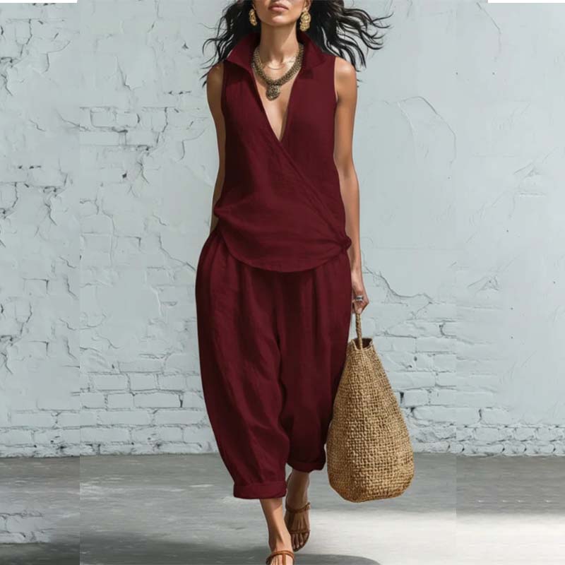 Sleeveless Wrap Top & Wide-Leg Pants Set