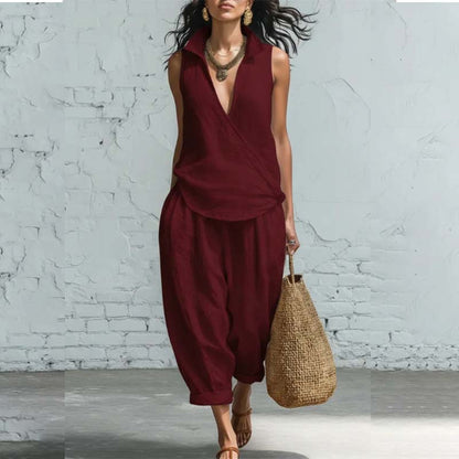 Sleeveless Wrap Top & Wide-Leg Pants Set