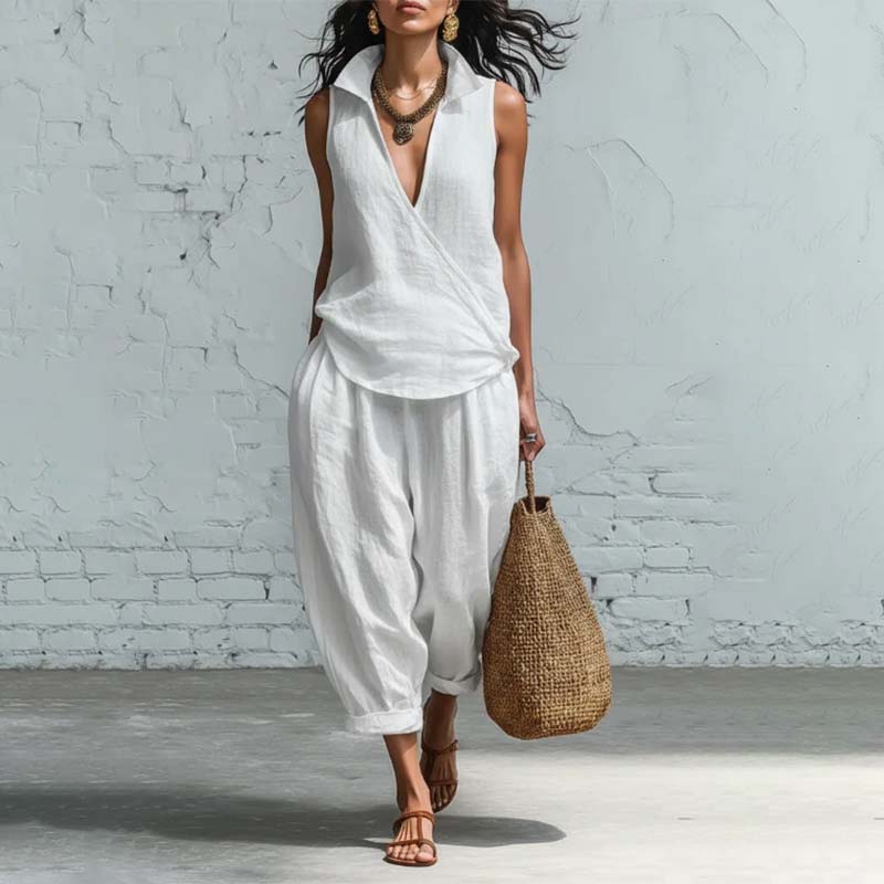 Sleeveless Wrap Top & Wide-Leg Pants Set