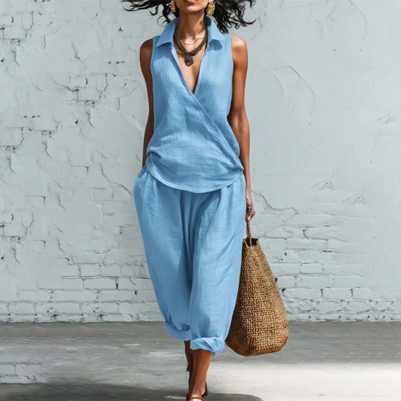 Sleeveless Wrap Top & Wide-Leg Pants Set