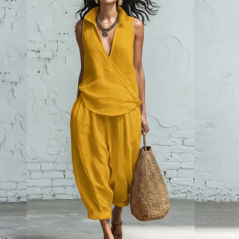 Sleeveless Wrap Top & Wide-Leg Pants Set