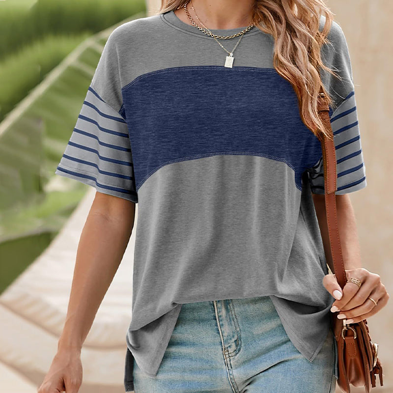 🔥2026 Hot sale 49% OFF🔥Women's Casual Round Neck Striped Color Clash Short Sleeve Top