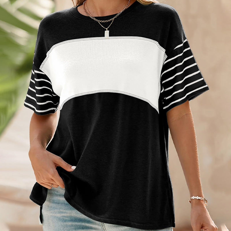 🔥2026 Hot sale 49% OFF🔥Women's Casual Round Neck Striped Color Clash Short Sleeve Top