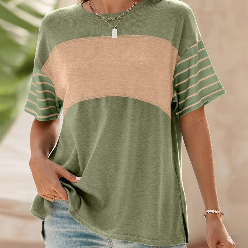 🔥2026 Hot sale 49% OFF🔥Women's Casual Round Neck Striped Color Clash Short Sleeve Top
