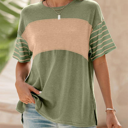🔥2026 Hot sale 49% OFF🔥Women's Casual Round Neck Striped Color Clash Short Sleeve Top